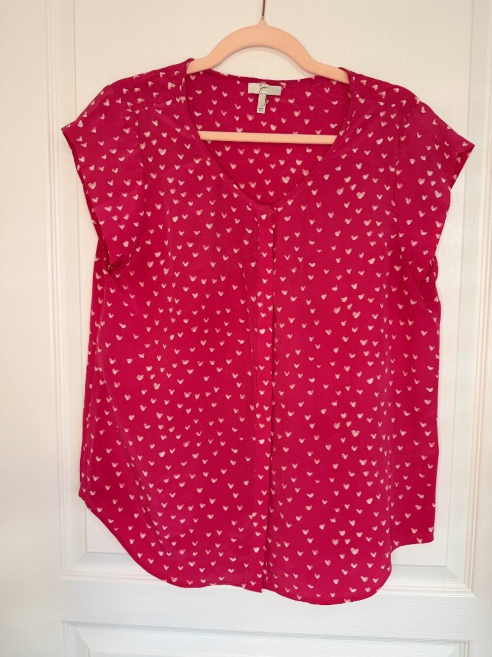 Joie Fucshia White Heart Print 100% Silk Short Sleeve Top Blouse -L-MSRP $148